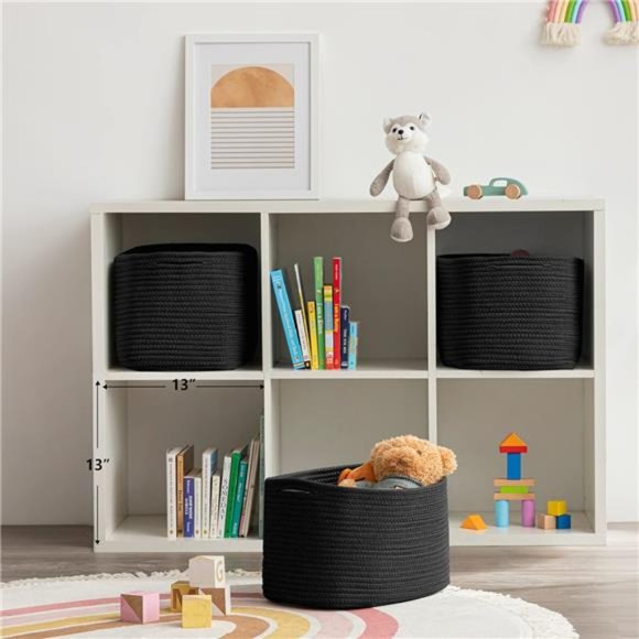 Set of 3 Oval Basket Larger Woven Cotton Rope Cube Storage Basket, 15x10x9'' - Picture 4 of 6